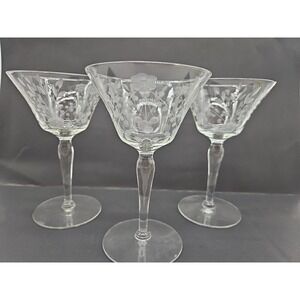 Vintage Fine Glass Stemware Etched Flowers Leaves Design Wine Cordial Lot Of 3
